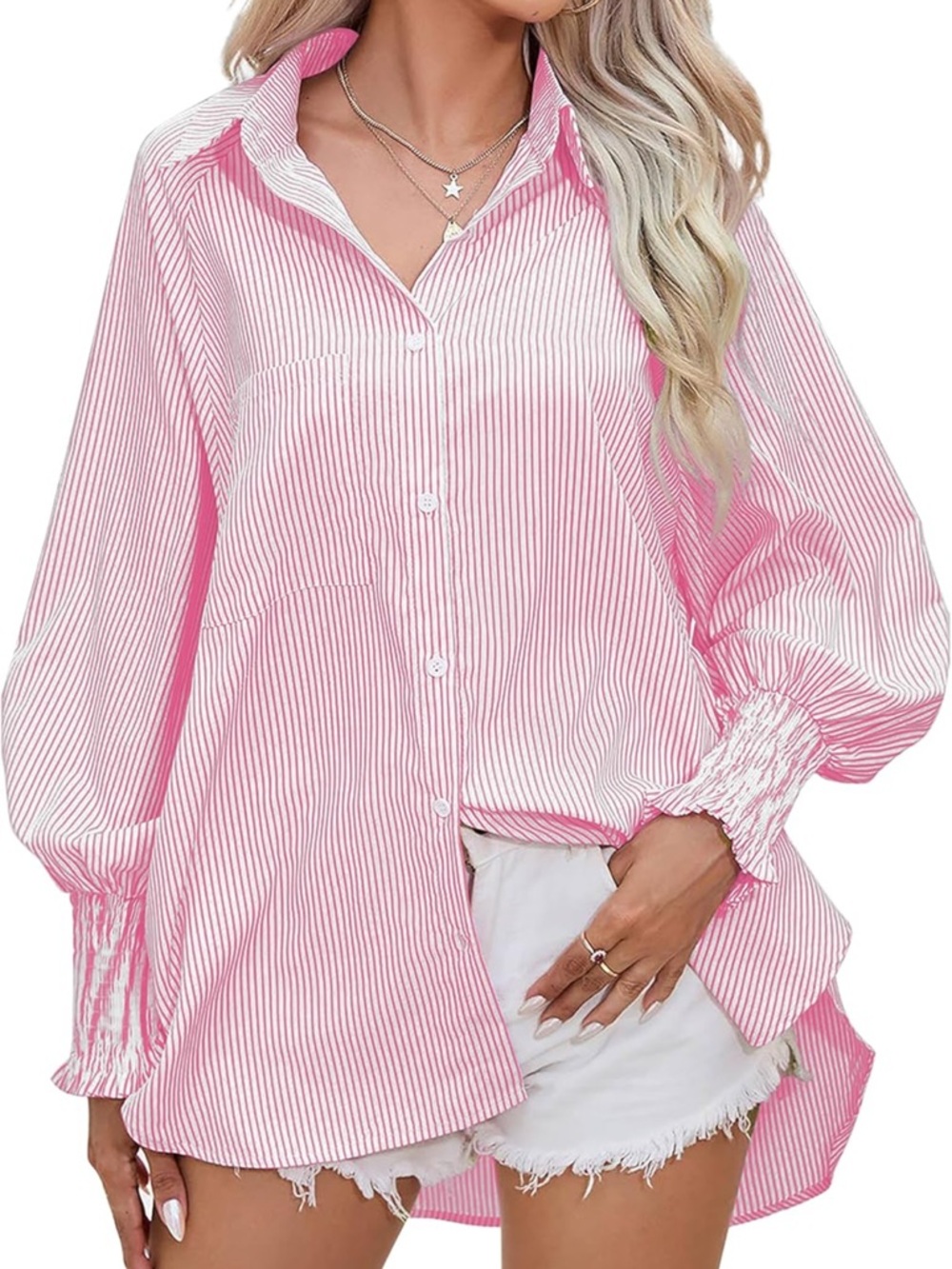 Pink Striped Oversized Button Down Shirt Smocked Cuff L - Picture 2 of 9